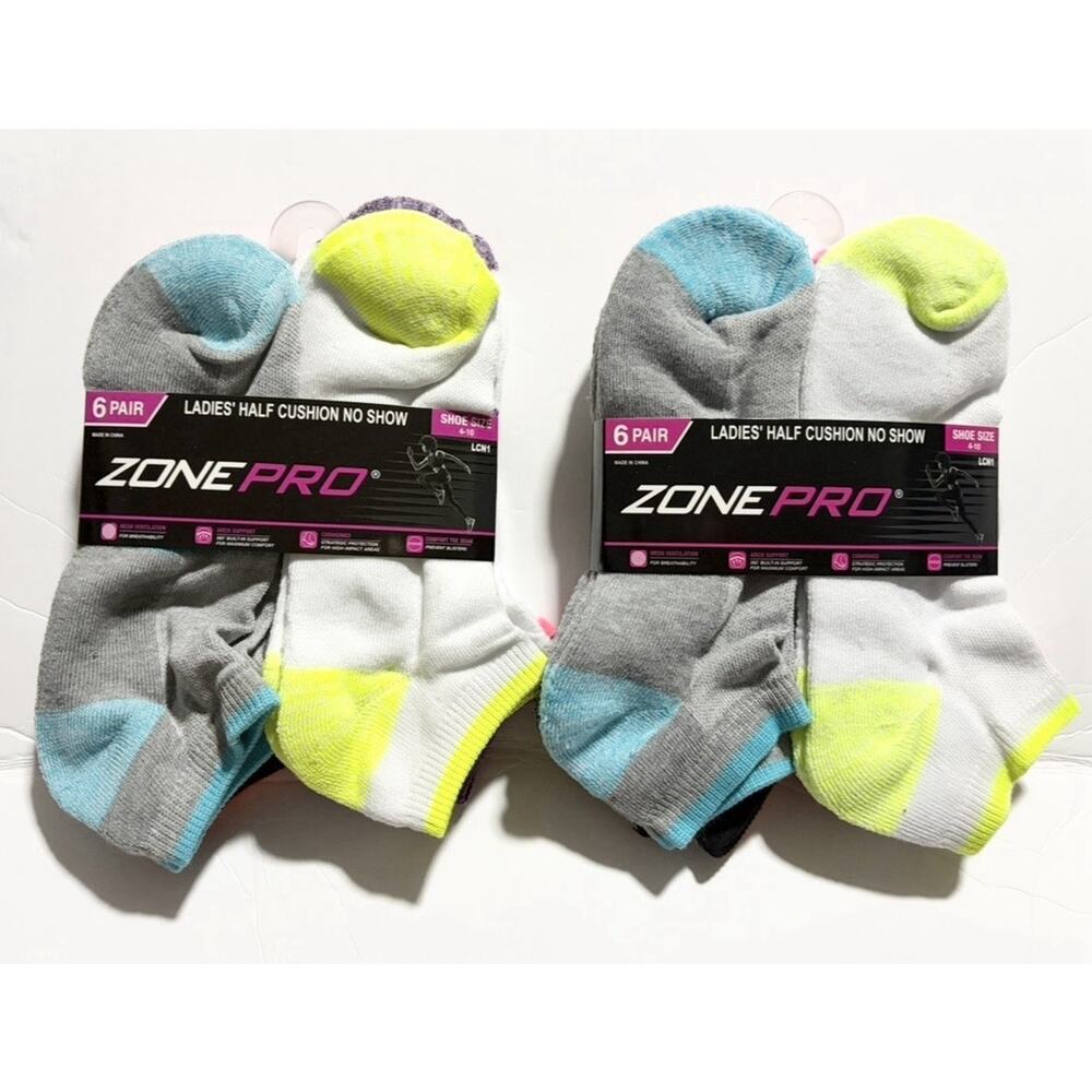 Zone Pro Ladies No Show Socks 12 Pair Half Cushion Low Cut Shoe 4-10 Color NEW